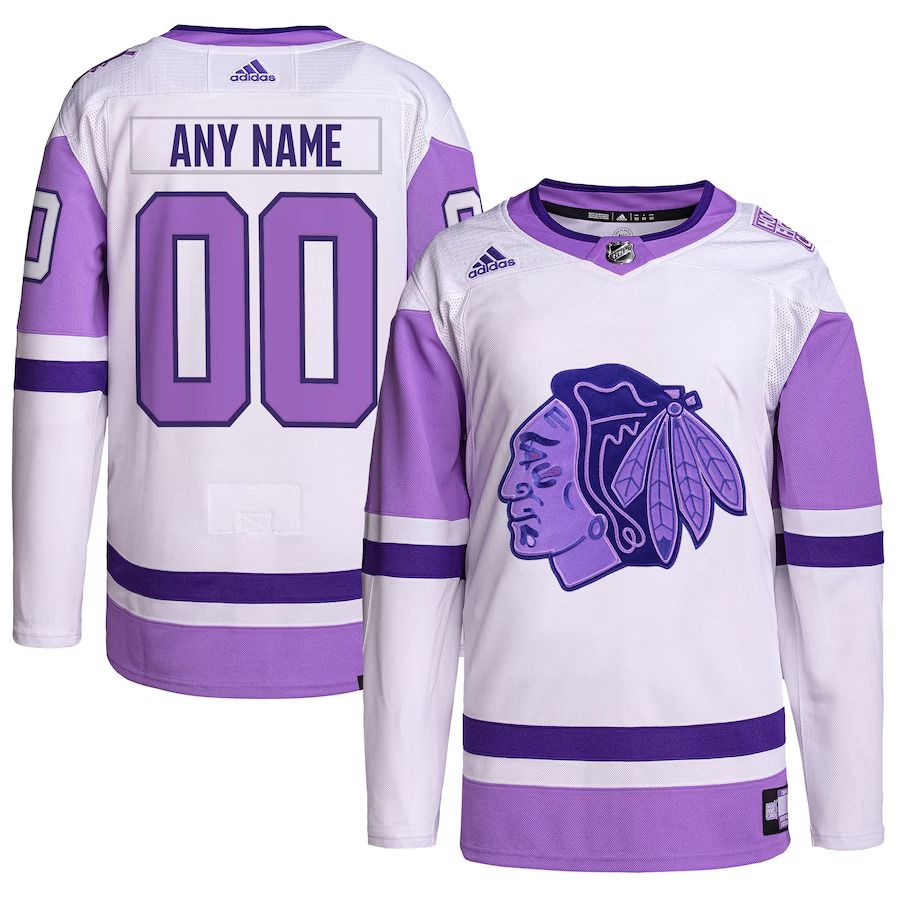 Men Chicago Blackhawks adidas White Purple Hockey Fights Cancer Primegreen Authentic Custom NHL Jersey